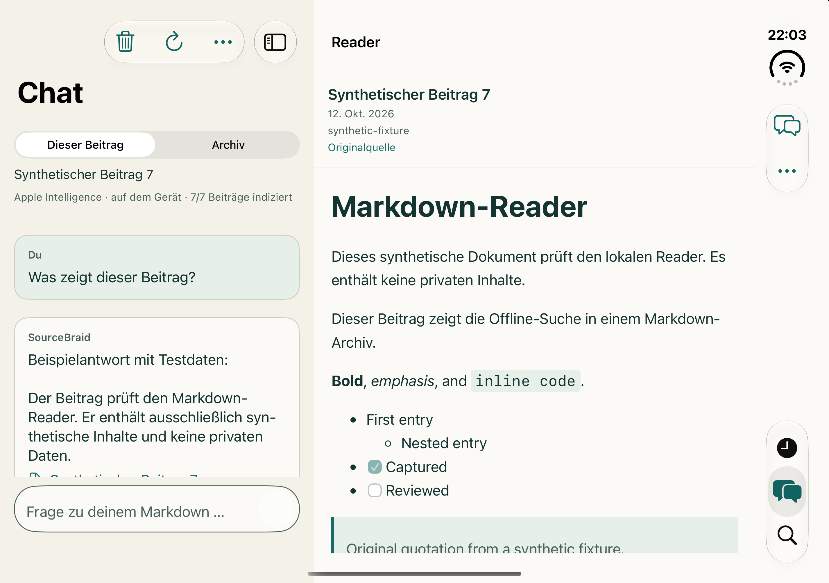 Duo chat and Markdown reader side by side, showing a fixed sample answer with synthetic test data